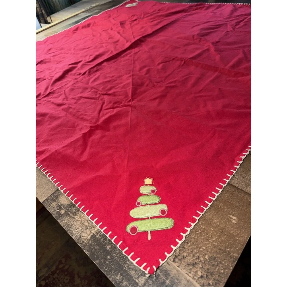 Vtg Christmas Cotton Tablecloth Topper 39x39 Red Applique Santa Snowman Tree